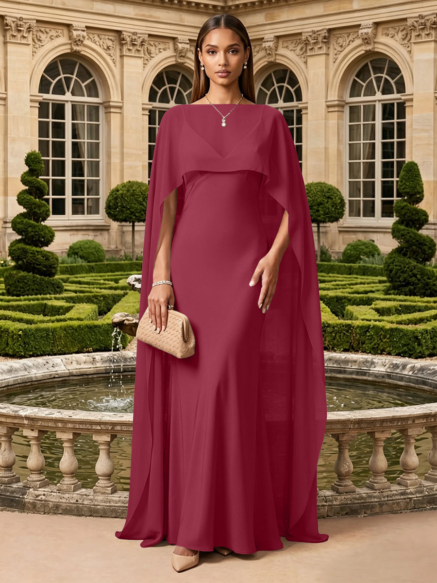 Satin A Line V Neck Cape Formal Dresses
