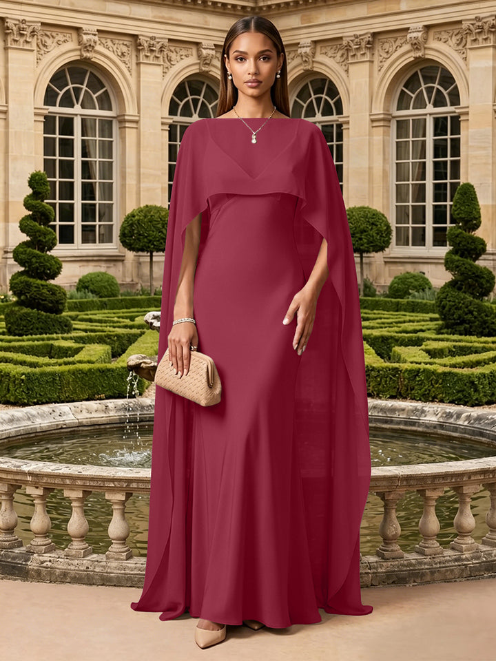 Satin A Line V Neck Cape Formal Dresses