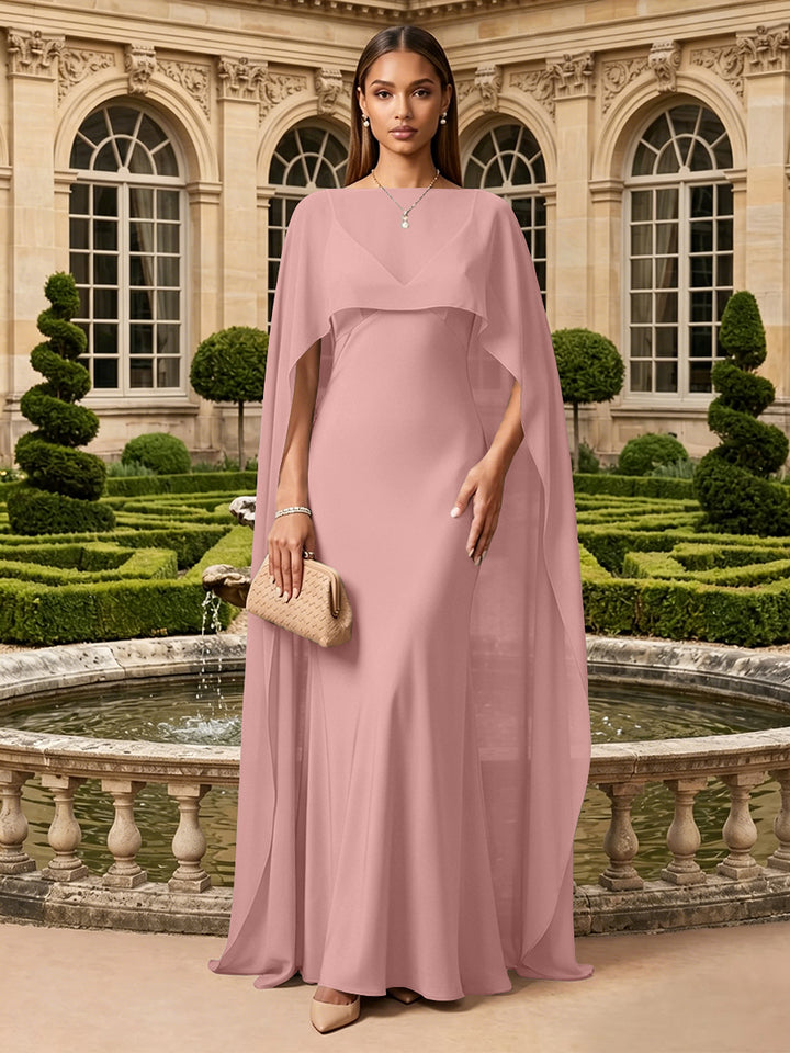 Satin A Line V Neck Cape Formal Dresses