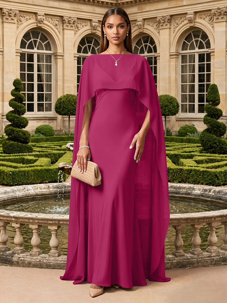Satin A Line V Neck Cape Formal Dresses