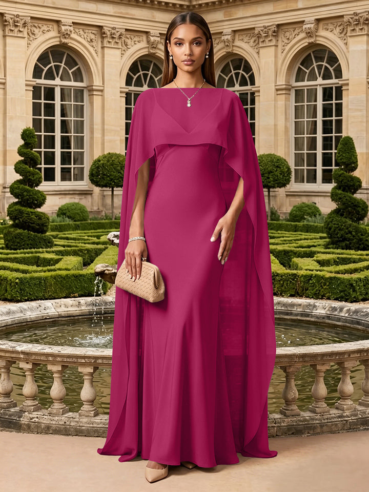 Satin A Line V Neck Cape Formal Dresses