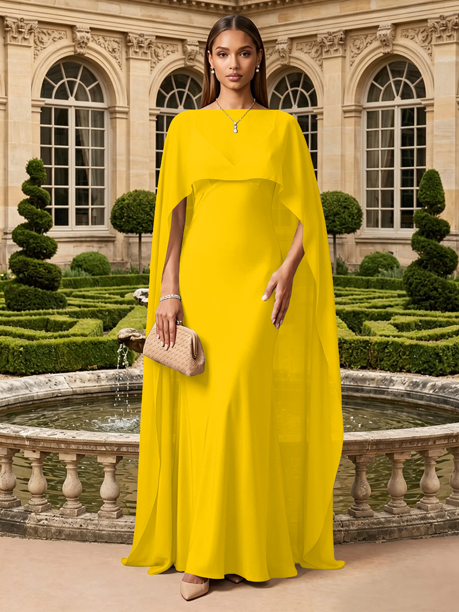 Satin A Line V Neck Cape Formal Dresses