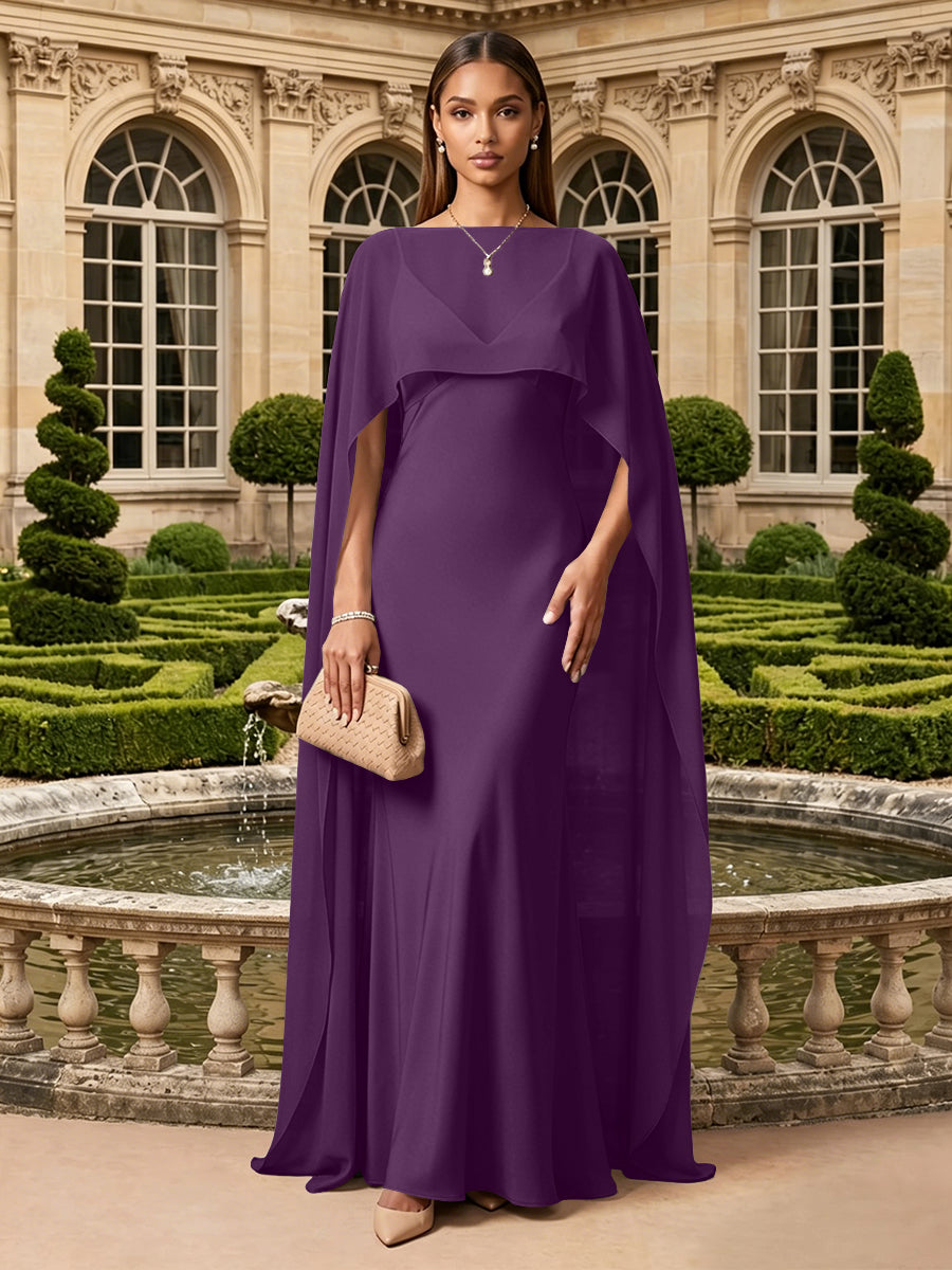 Satin A Line V Neck Cape Formal Dresses