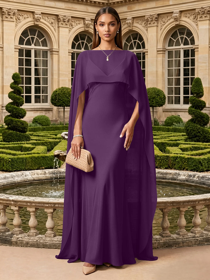Satin A Line V Neck Cape Formal Dresses