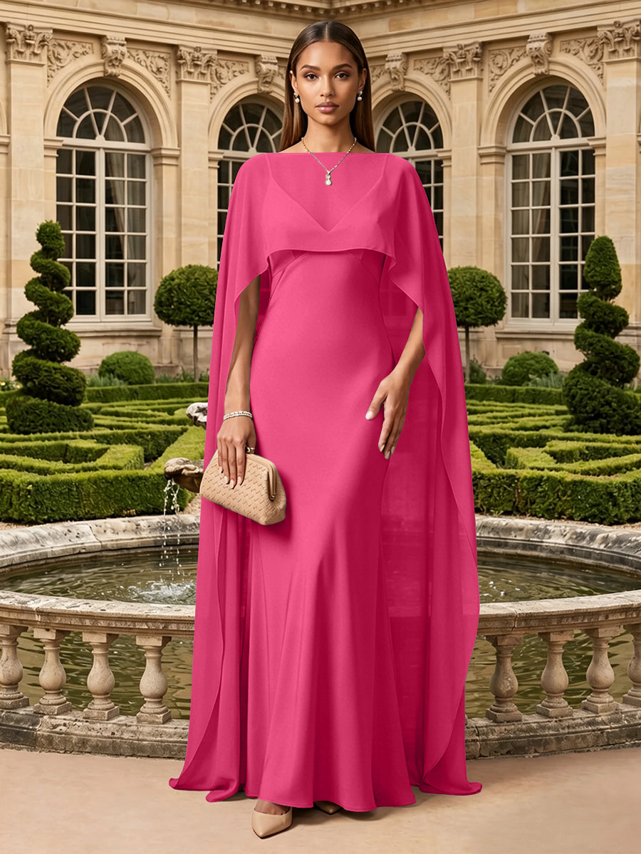 Satin A Line V Neck Cape Formal Dresses