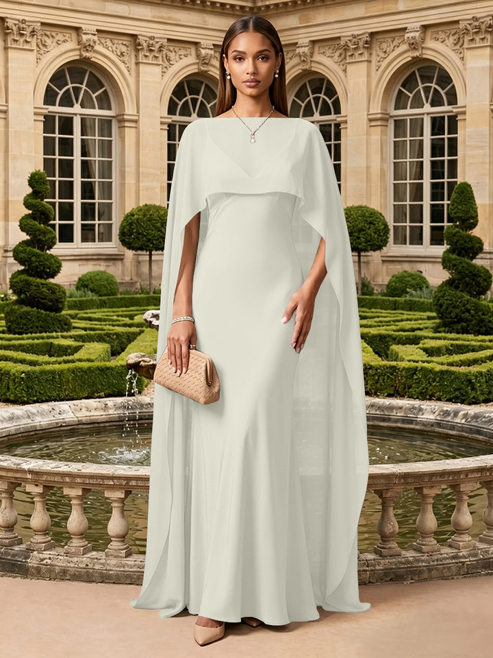 Satin A Line V Neck Cape Formal Dresses