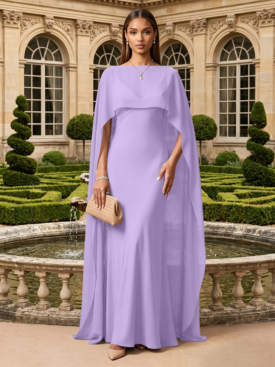 Satin A Line V Neck Cape Formal Dresses