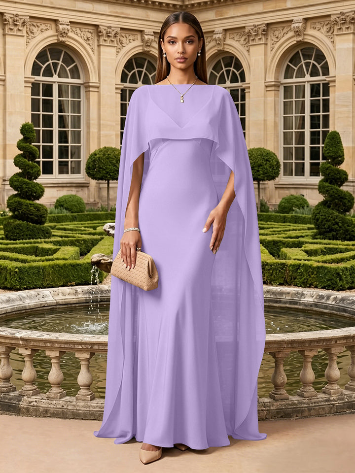 Satin A Line V Neck Cape Formal Dresses