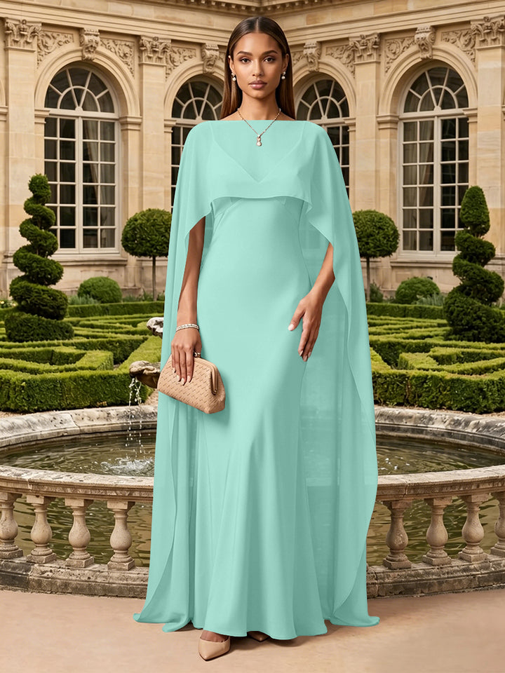 Satin A Line V Neck Cape Formal Dresses