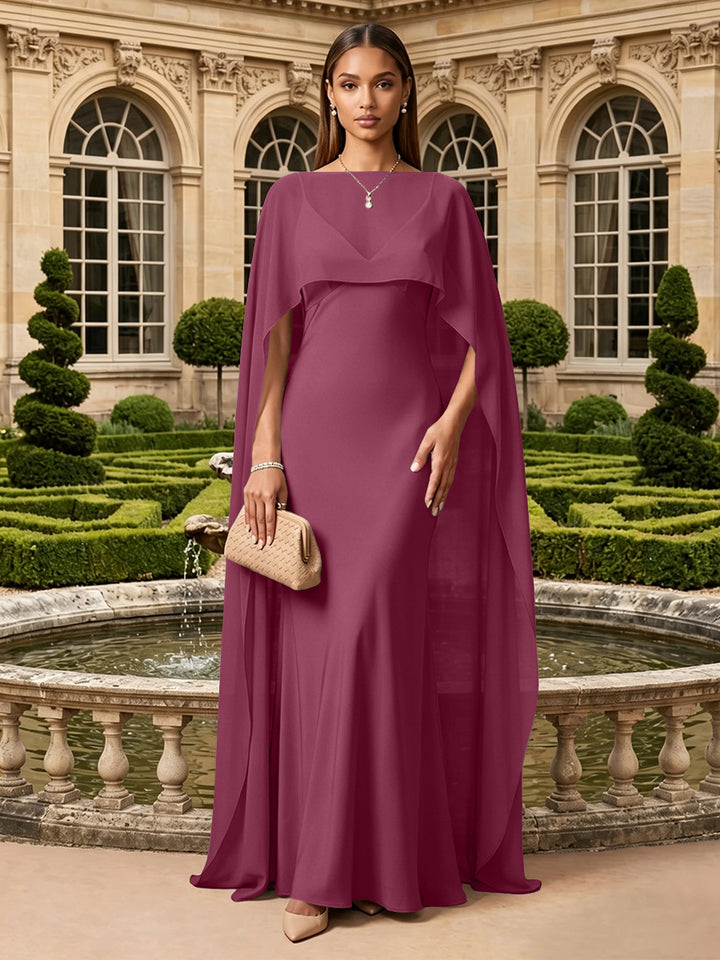 Satin A Line V Neck Cape Formal Dresses