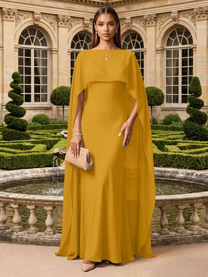Satin A Line V Neck Cape Formal Dresses