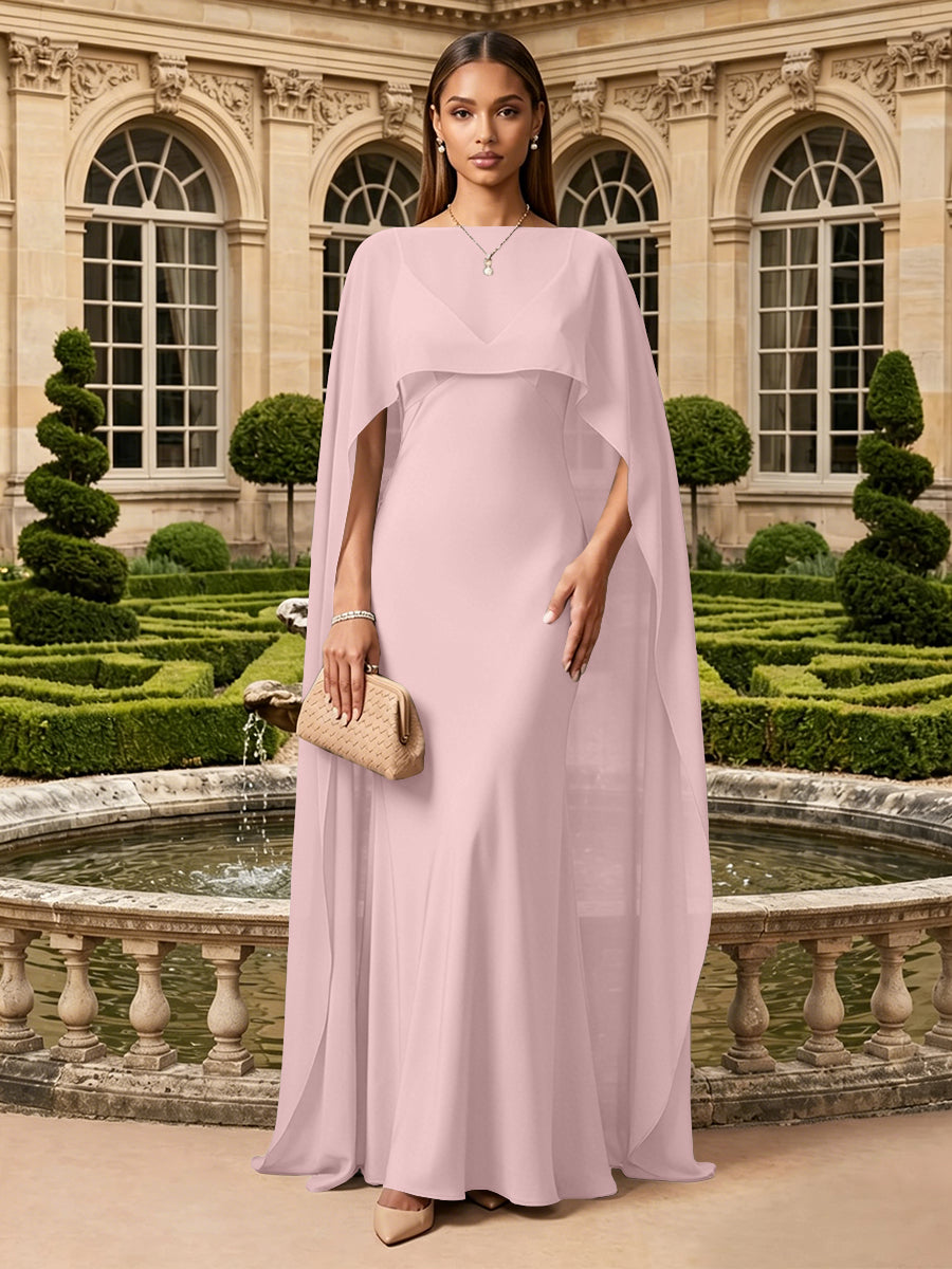 Satin A Line V Neck Cape Formal Dresses