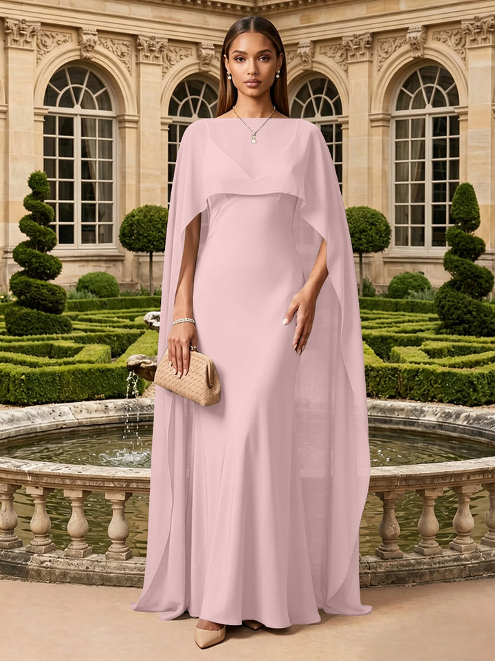Satin A Line V Neck Cape Formal Dresses