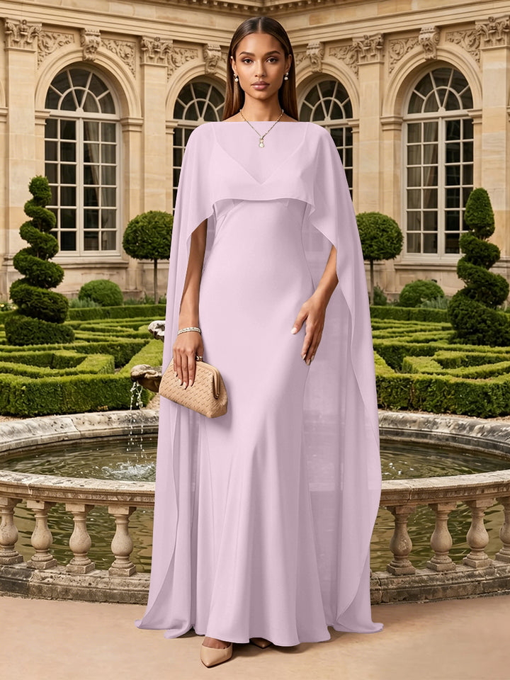 Satin A Line V Neck Cape Formal Dresses