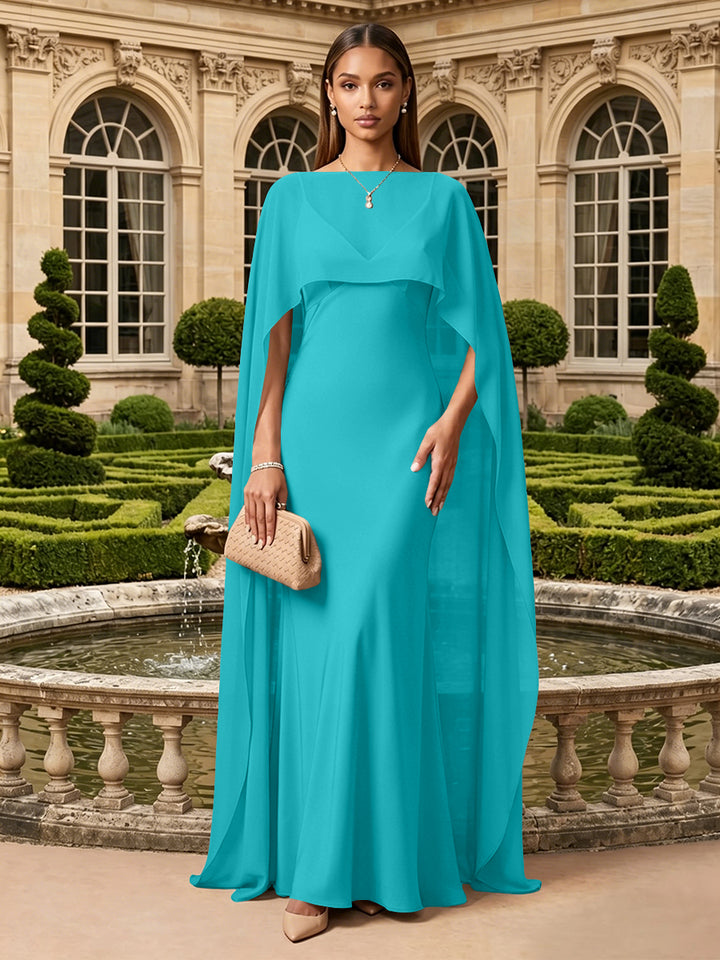 Satin A Line V Neck Cape Formal Dresses