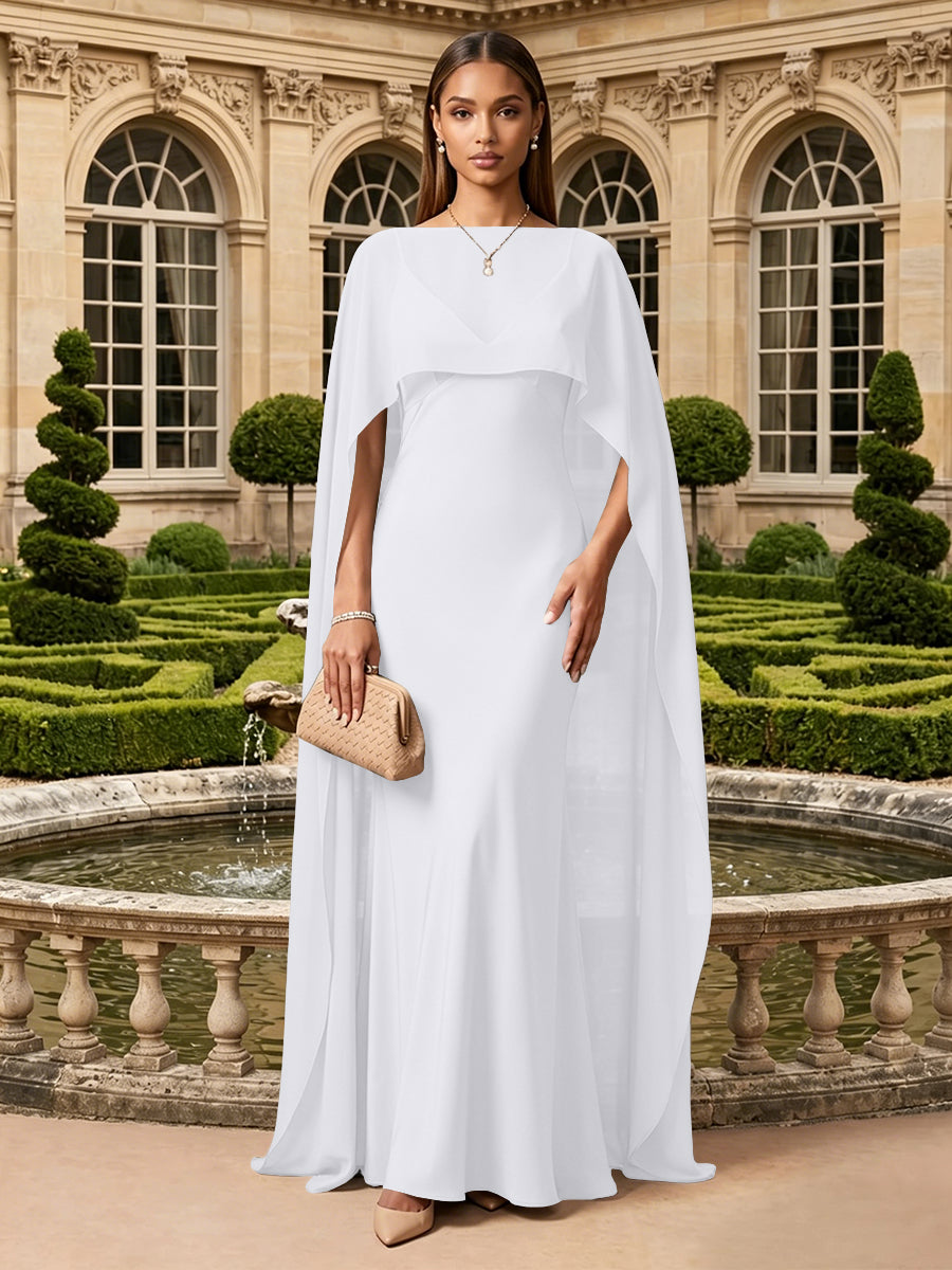 Satin A Line V Neck Cape Formal Dresses