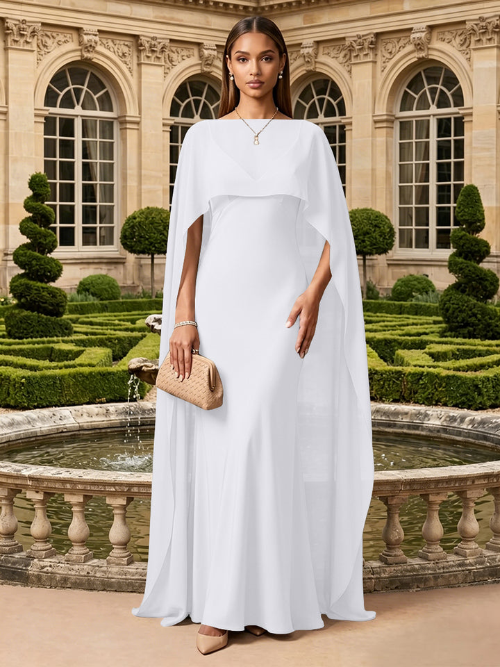 Satin A Line V Neck Cape Formal Dresses