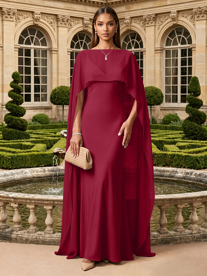 Satin A Line V Neck Cape Formal Dresses