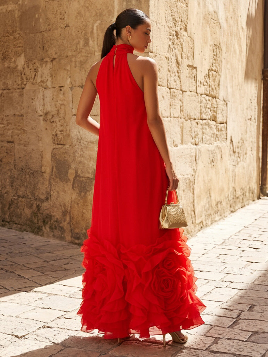 Chiffon A Line Scoop Neck Ruffle Hem Flowy Formal Dresses