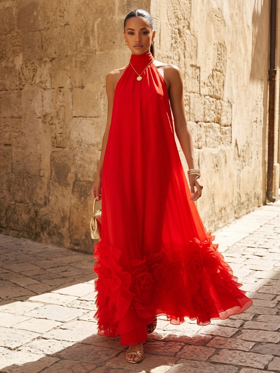 Chiffon A Line Scoop Neck Ruffle Hem Flowy Formal Dresses