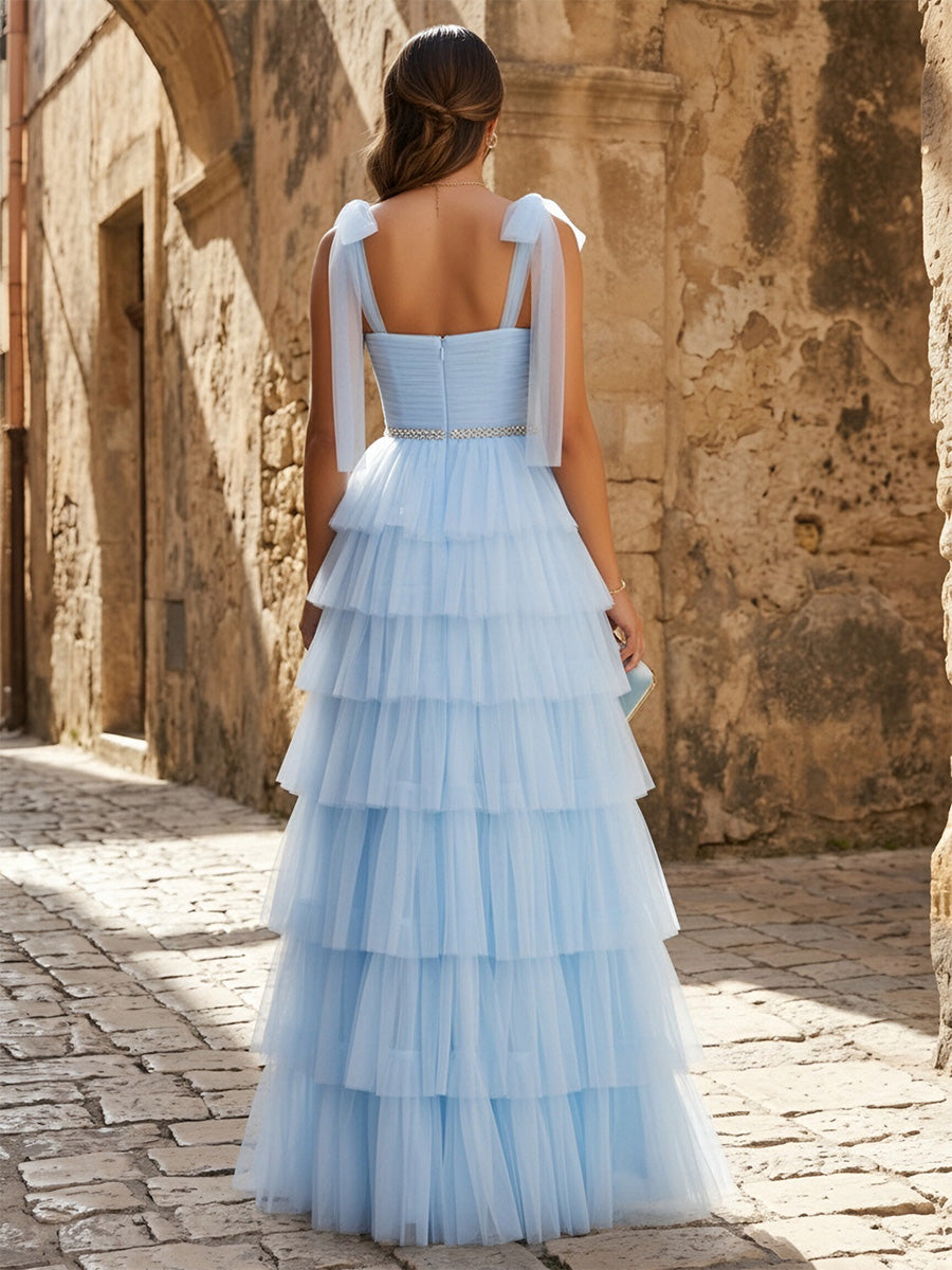 Tulle A Line Square Neck Spaghetti Straps Formal Dresses