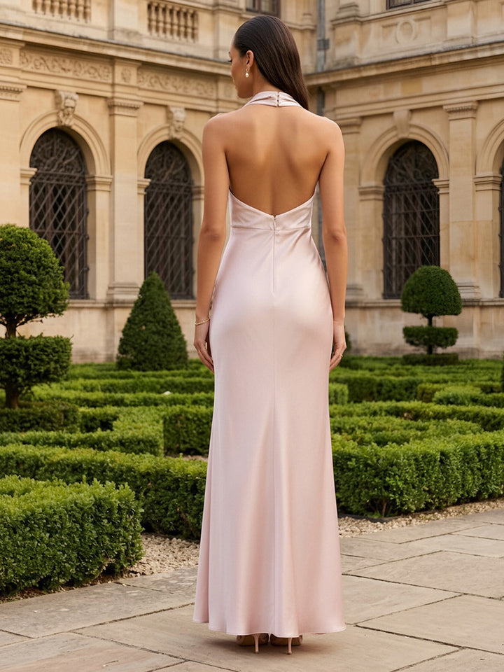 Satin Sheath Cowl Neck Pleats Formal Dresses