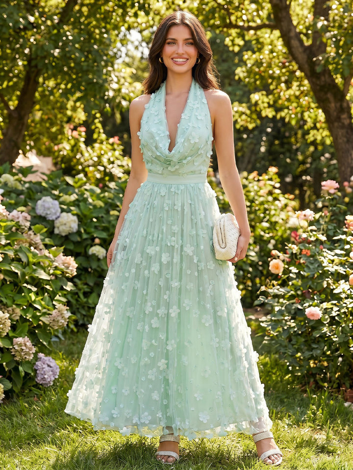 Tulle A Line Cowl Neck 3D Flowers Formal Dresses