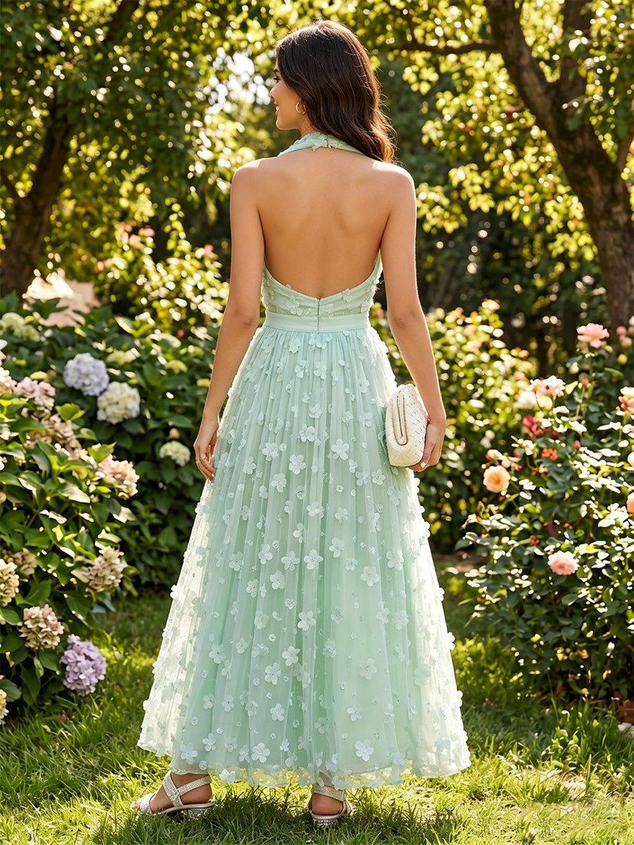 Tulle A Line Cowl Neck 3D Flowers Formal Dresses