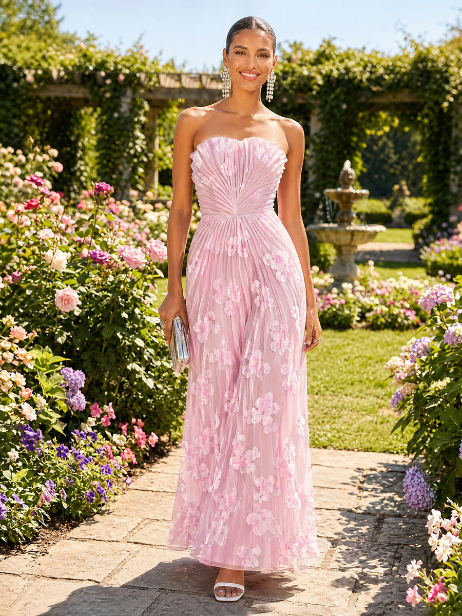 Tulle A Line Strapless Floral Formal Dresses