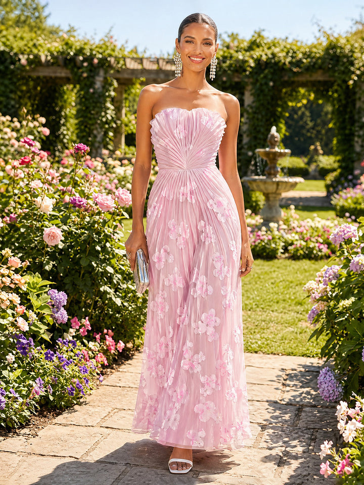 Tulle A Line Strapless Floral Formal Dresses