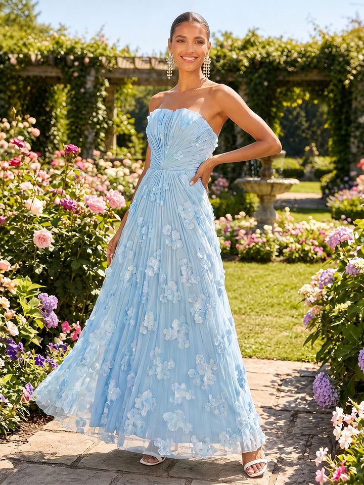 Tulle A Line Strapless Floral Formal Dresses