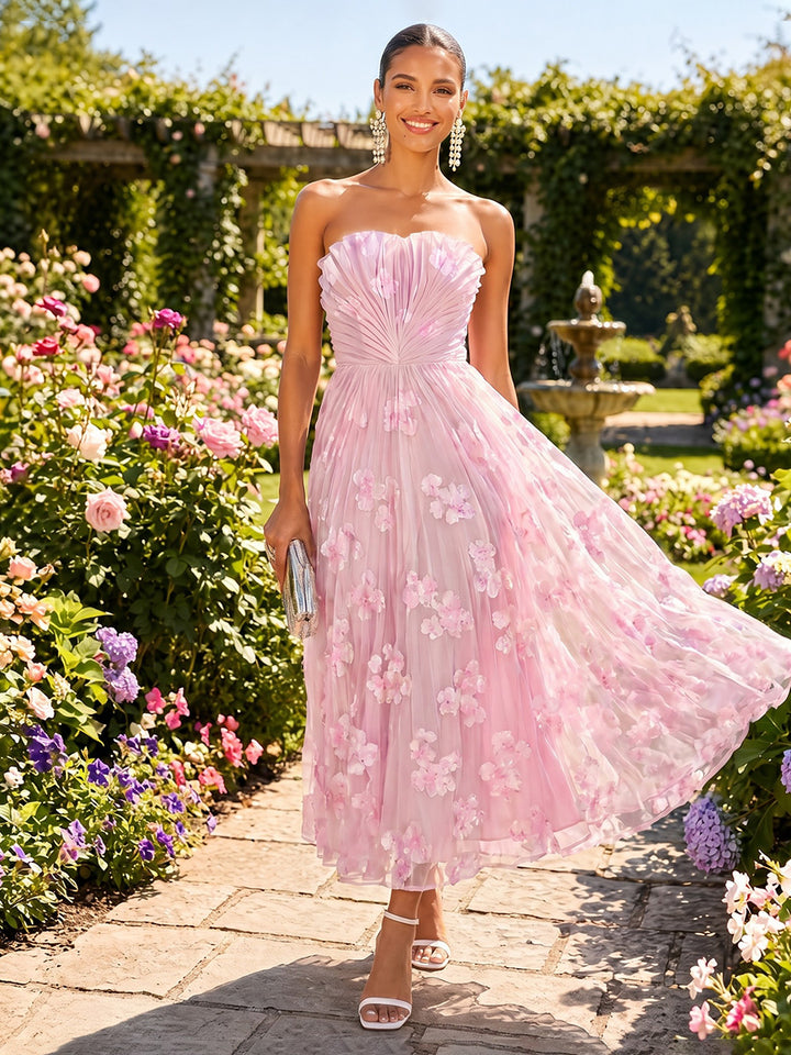 Tulle A Line Strapless Floral Formal Dresses