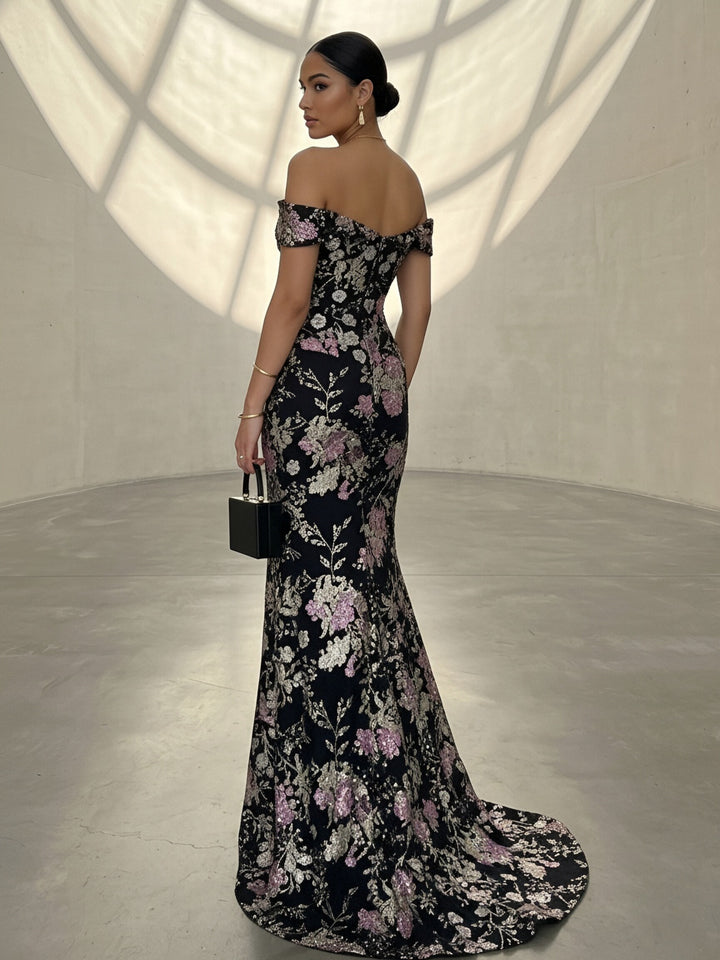 Jacquard Mermaid Off the Shoulder Floral Evening Dresses with Side Slit