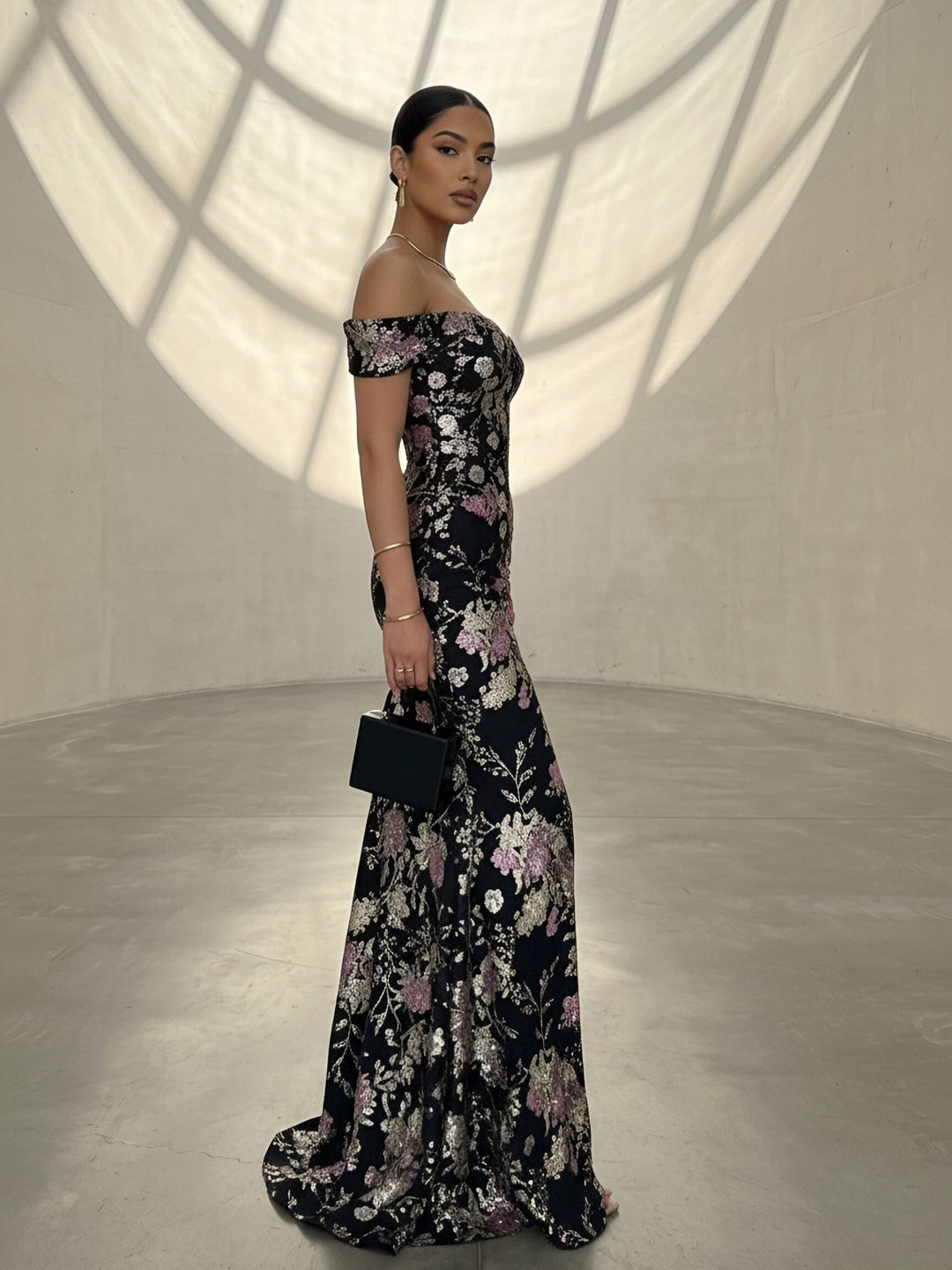 Jacquard Mermaid Off the Shoulder Floral Evening Dresses with Side Slit