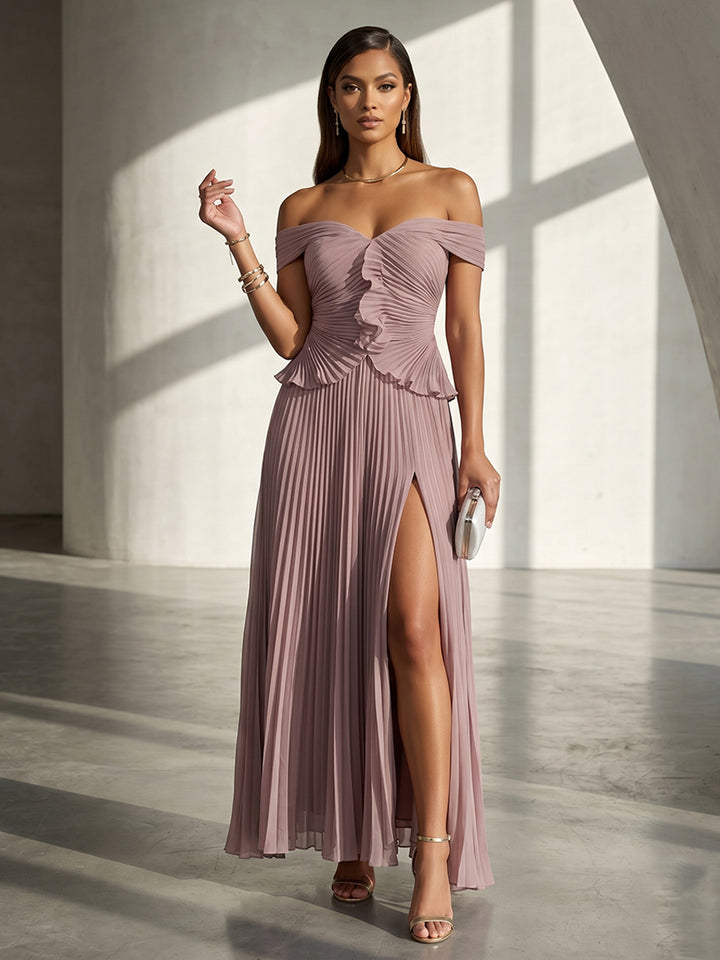 Chiffon A Line Off the Shoulder Ruffles Formal Dresses