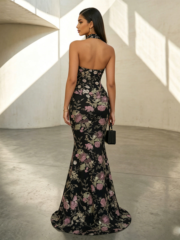 Jacquard Mermaid Halter Backless Evening Dresses