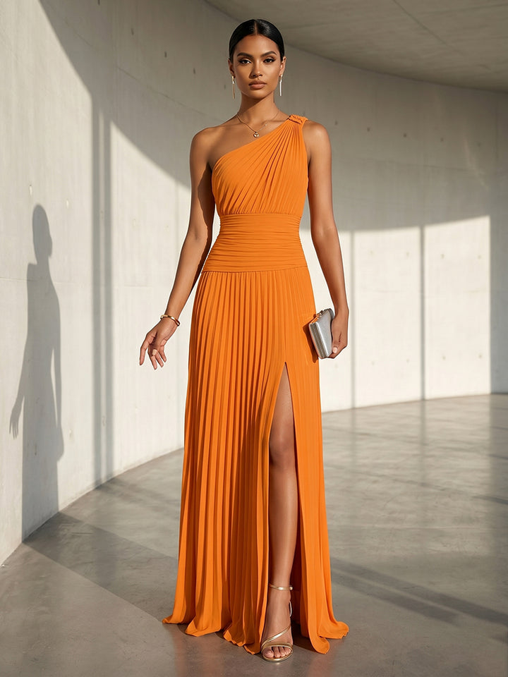 Chiffon A Line One Shoulder Slit Formal Dresses
