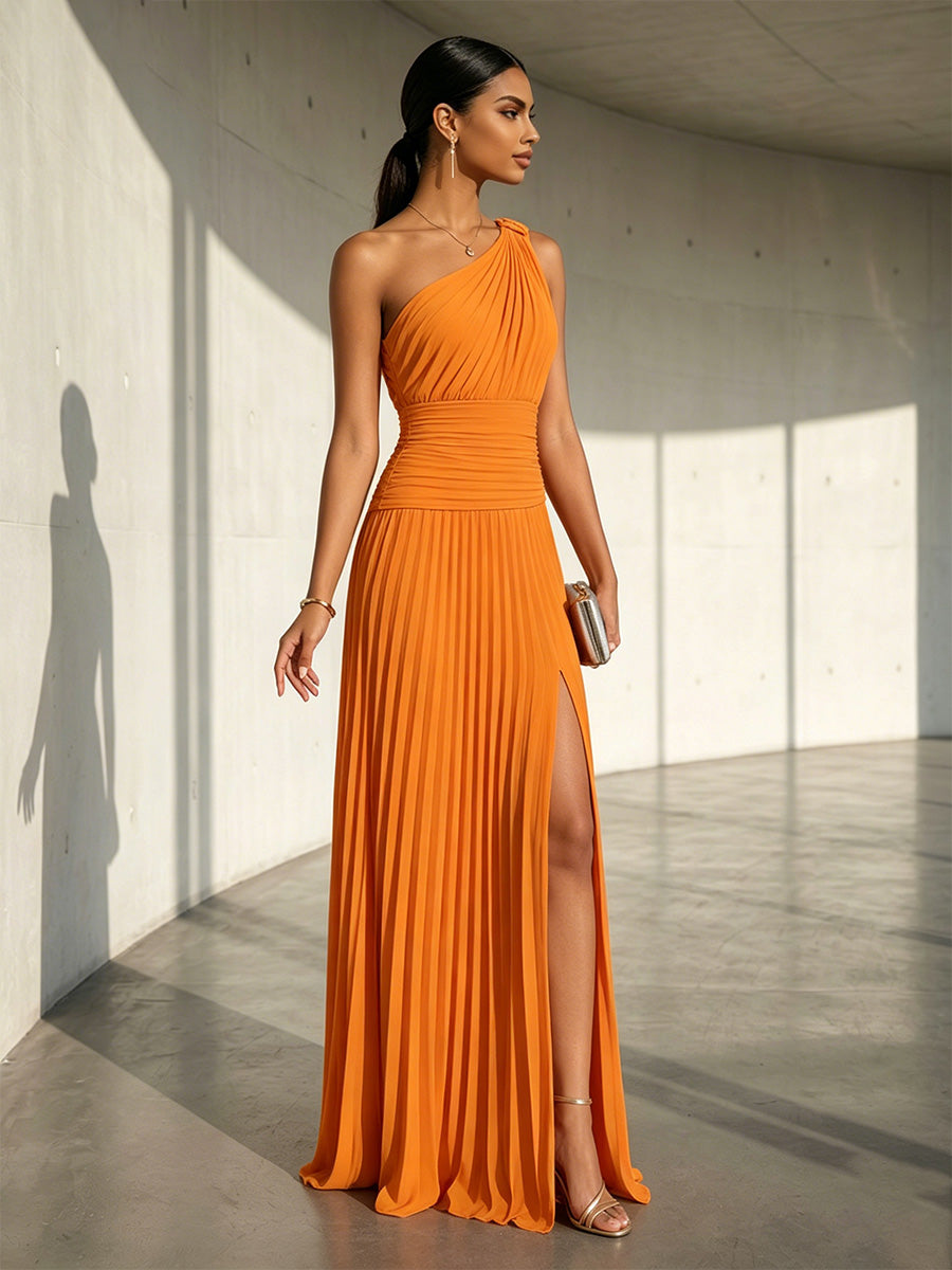 Chiffon A Line One Shoulder Slit Formal Dresses