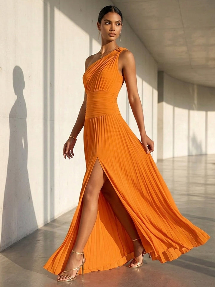 Chiffon A Line One Shoulder Slit Formal Dresses