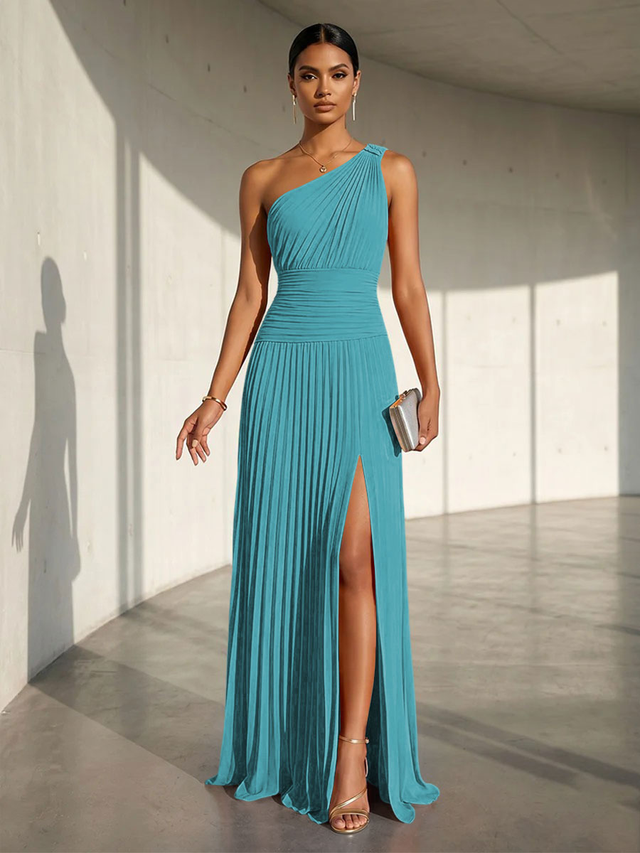 Chiffon A Line One Shoulder Slit Formal Dresses