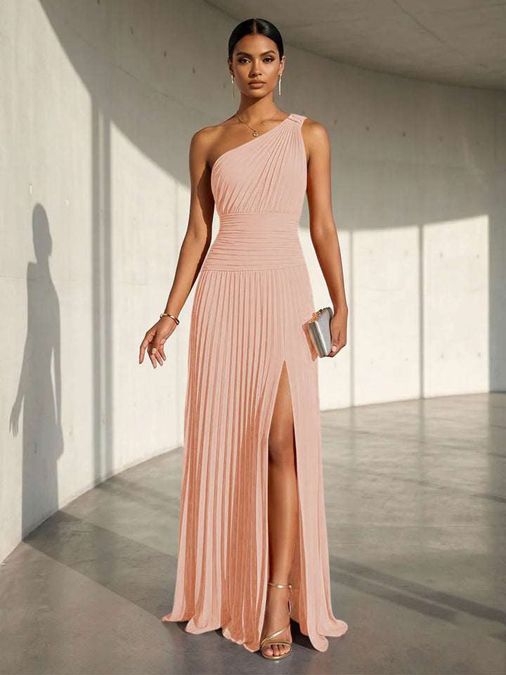 Chiffon A Line One Shoulder Slit Formal Dresses
