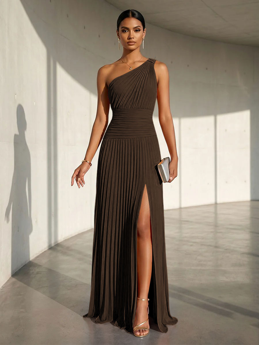Chiffon A Line One Shoulder Slit Formal Dresses