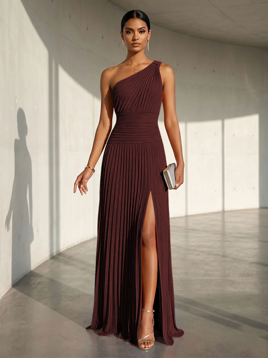 Chiffon A Line One Shoulder Slit Formal Dresses