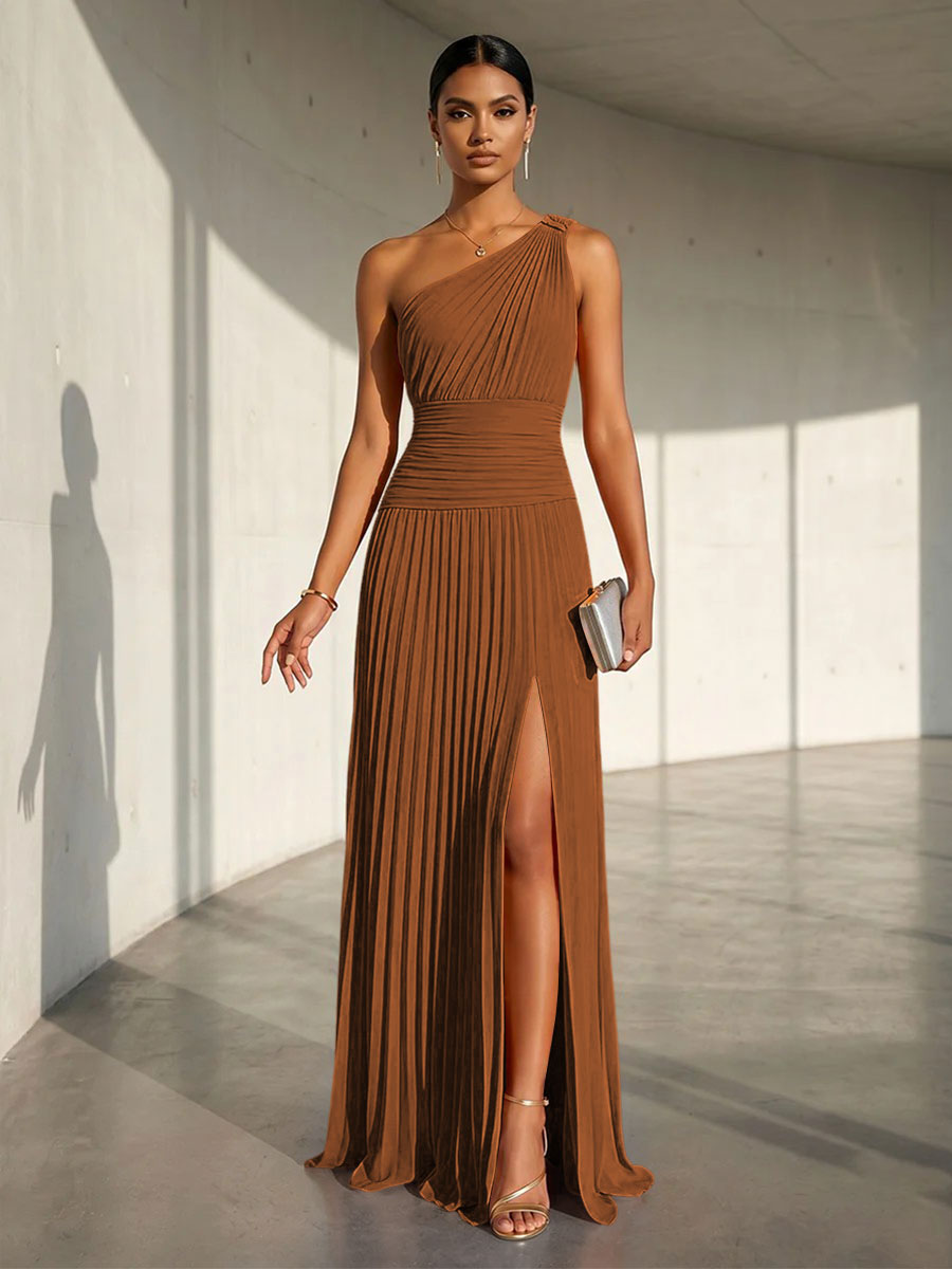 Chiffon A Line One Shoulder Slit Formal Dresses