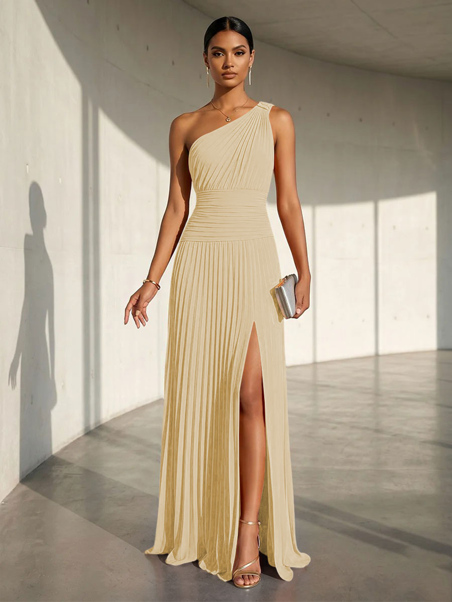 Chiffon A Line One Shoulder Slit Formal Dresses