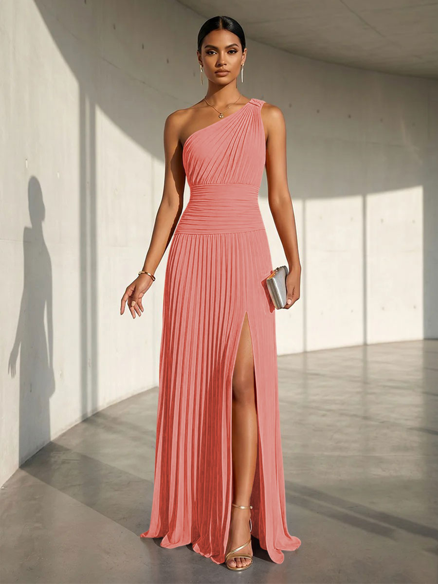Chiffon A Line One Shoulder Slit Formal Dresses