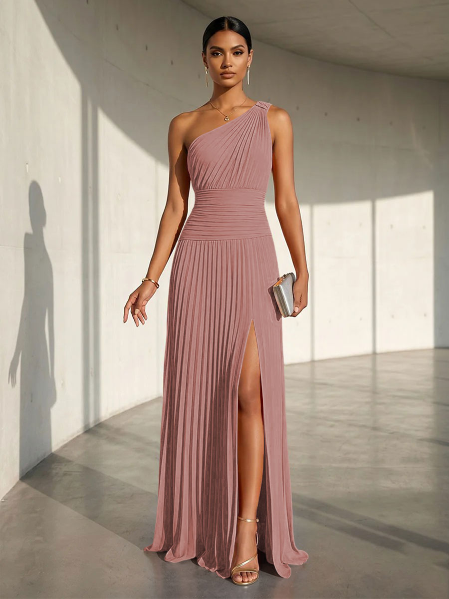 Chiffon A Line One Shoulder Slit Formal Dresses