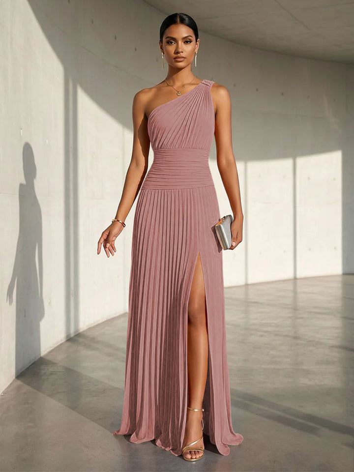 Chiffon A Line One Shoulder Slit Formal Dresses