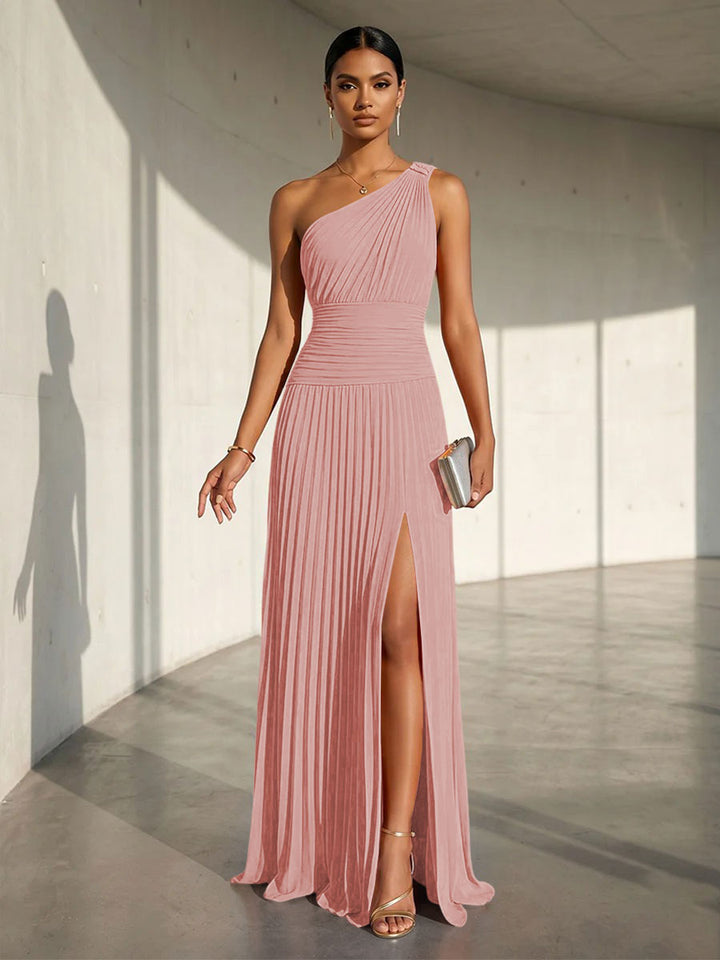 Chiffon A Line One Shoulder Slit Formal Dresses
