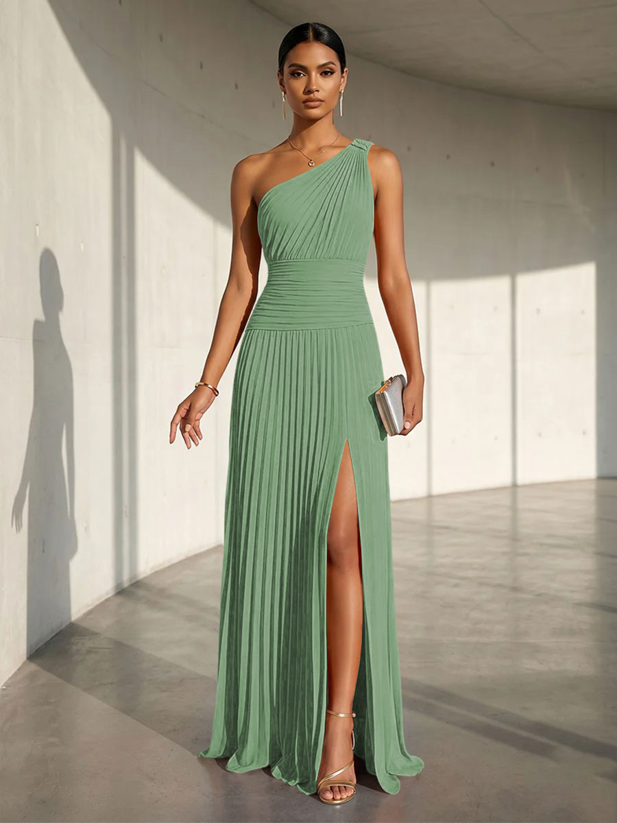 Chiffon A Line One Shoulder Slit Formal Dresses